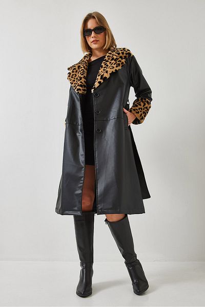 Bianco Lucci Dámský trenčkot s výstřihem a rukávy Leopard Shearling Leather 3103 60351269