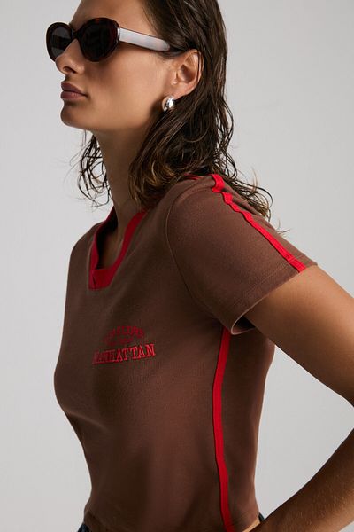 GRIMELANGE Arıanwen Women's 100% Cotton Decorative Knitwear Collar Embroidered Crop Short Sleeve Brown T-Shirt