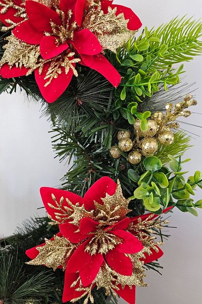 Ella's Design Studio New Year's Gift - Red Ponsetia Pique Floral Door Wreath, Gold Glitter Door Ornament