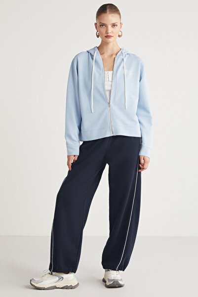 GRIMELANGE Aıtana Women's Relaxed Hooded Zippered Back Print Detail Light Blue Sweatshirt