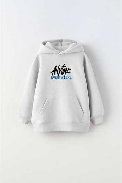 The Champ Clothing Hanorac alb unisex pentru copii - cu glugă, fleece Any Time Anywhere Hanorac imprimat cu text