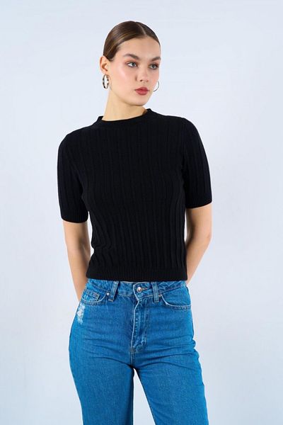 Milot Pulover de damă din tricot cu mânecă scurtă - bleumarin
