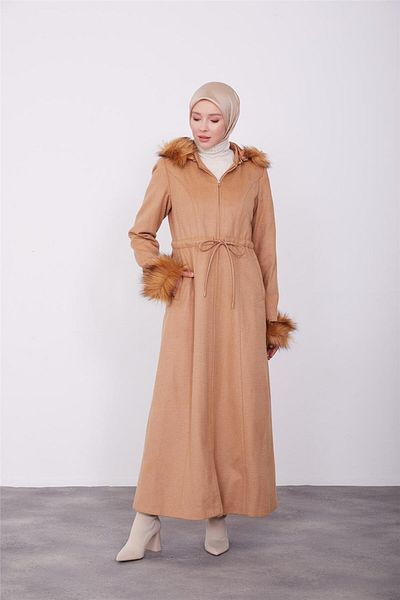Armine Μανδύα με γούνινο μανίκι και κουκούλα 23k8617 - Camel