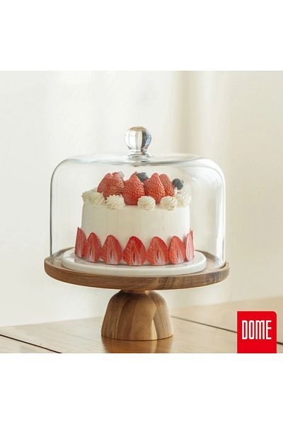 MİEN Large Mien Acacia&Glass Flat Model Stand Cake Stand