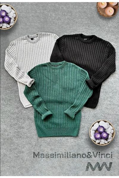 Gameyal Pulover din tricotaje cu gât crew din 3 piese (alb - negru - verde)