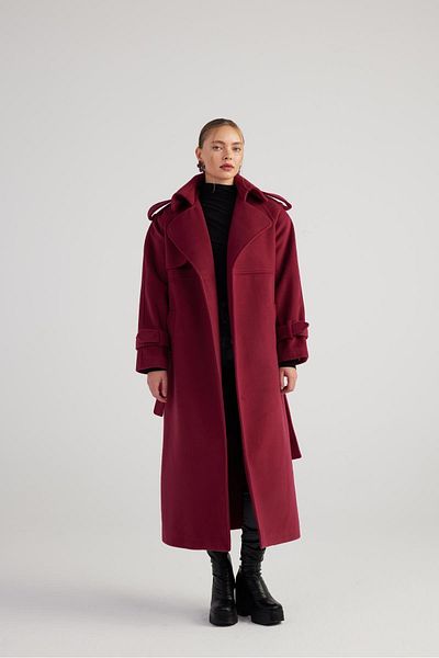 HOLLY LOLLY Claret Red Stamp Nora Coat - Long with Belt and Belt