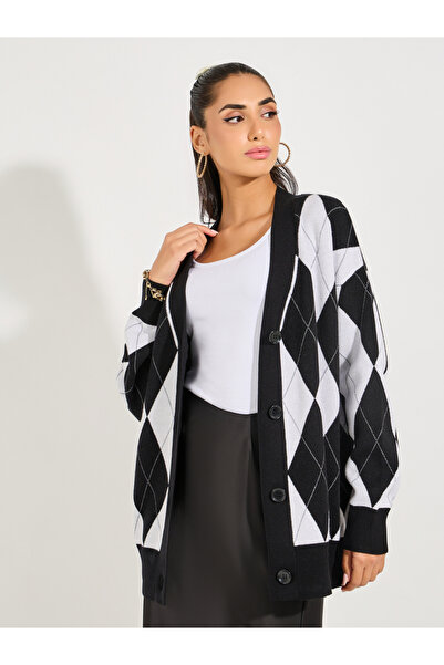 Styli Oversized Longline Button Down Argyle Cardigan