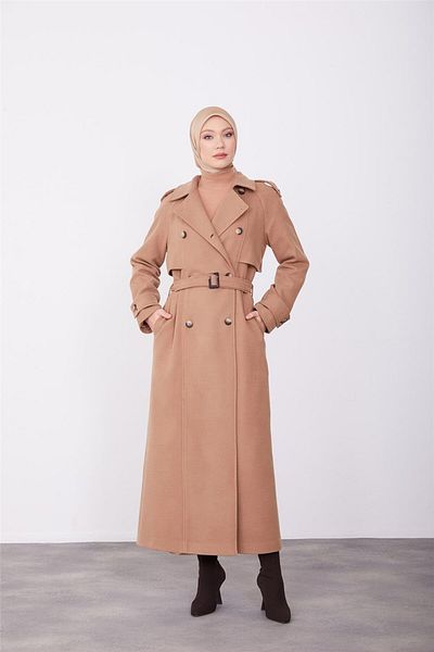 Armine Camel Colored Double Breasted Coat with Mobile Epaulettes - 23K8613