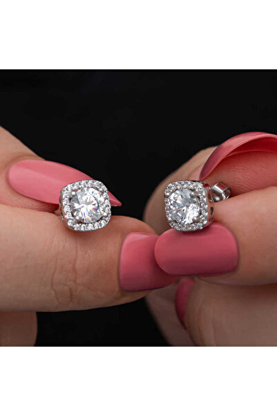 KOVAC Gümüş Kare Montür Pırlanta Çivilii Modeli Küpe