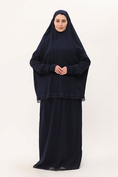 HÜRREM BONE Φόρεμα προσευχής δύο τεμαχίων Navy Blue Δαντέλα από βαμβακερό ύφασμα 2205_02
