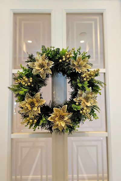 Ella's Design Studio Cream Gold Ponsetia Pique Floral Door Wreath - New Year and New Home Gift