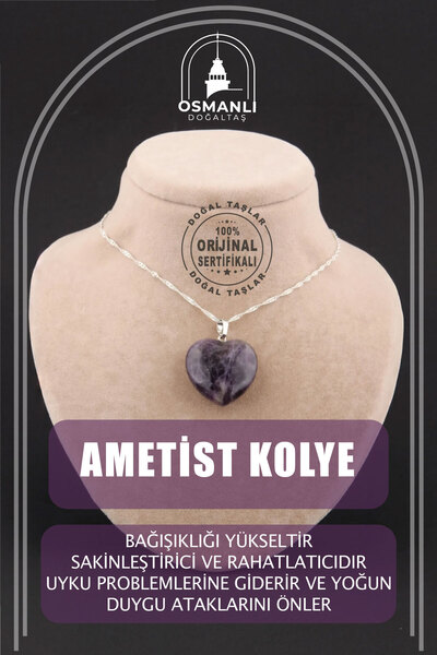 OSMANLI DOĞAL TAŞ Sertifikalı Ametist Kolye Ucu Gümüş Zincir Dahil.