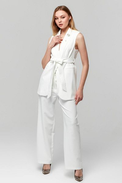 Appleline White Women's Vest with Brooch Collar and Belted