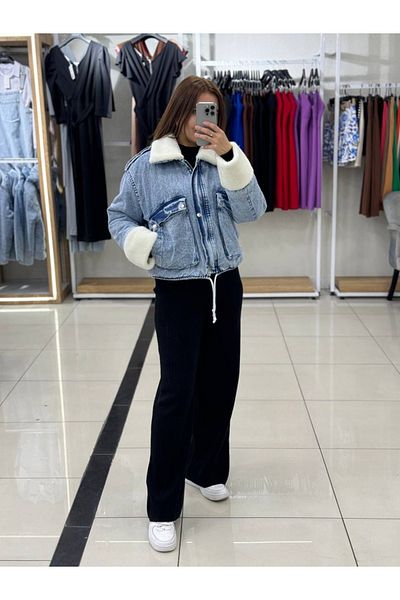 seymenbıçakçılık Palton albastru din denim cu blană la guler, în interior și mâneci