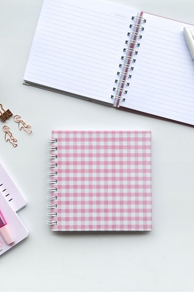 Martius Art 15X15 cm Square Hard Cover Spiral Checkered Notepad / School Notebook Pink Gingham Pattern