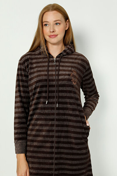 İntensive kahverengi çizgili kapüşonlü kadın uzun kollu pamuklu kadife elbise