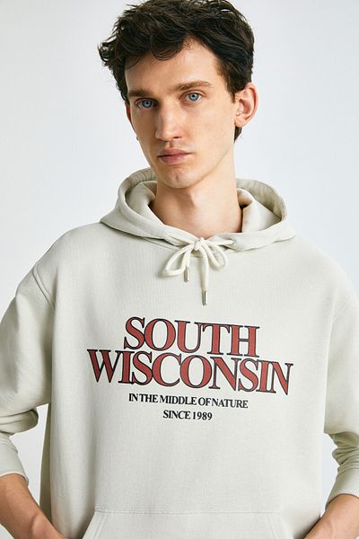 GRIMELANGE Ανδρικό φούτερ GAREN Soft Inside Fleece με στάμπα κανονικό κορδόνι ανοιχτό γκρι φούτερ