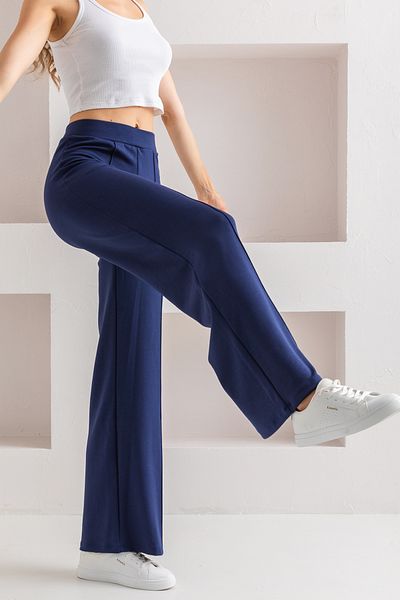 CNRCollection Navy Blue High Waist Ribbed Recovery Modal Leggings - Wide Fit Wide Leg Women's Trousers