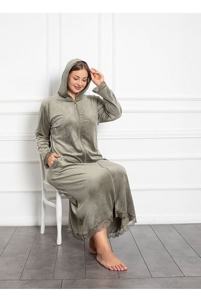 Lady Lingerie Φόρεμα μάξι μεγάλου μεγέθους βελούδινο πράσινο με κουκούλα με φερμουάρ
