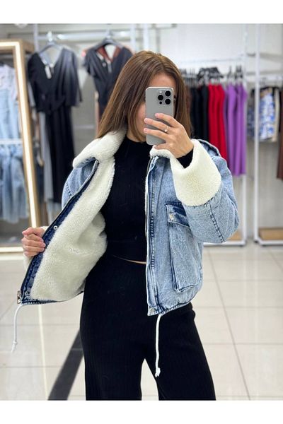 seymenbıçakçılık Palton albastru din denim cu blană la guler, în interior și mâneci