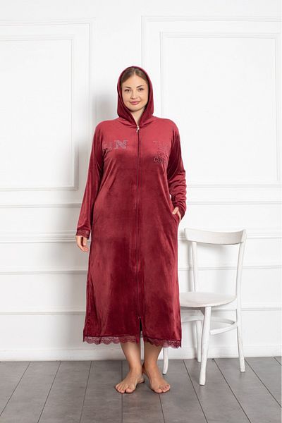 Lady Lingerie Φόρεμα μάξι μεγάλου μεγέθους βελούδινο κόκκινο με κουκούλα με φερμουάρ