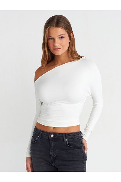 Dilvin 31438 Ecru Asymmetrical Long Sleeve T-Shirt