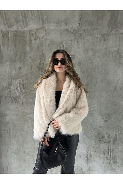 Asfa Moda Women's Beige Shawl Collar Lined Premium Faux Fur Jacket Coat