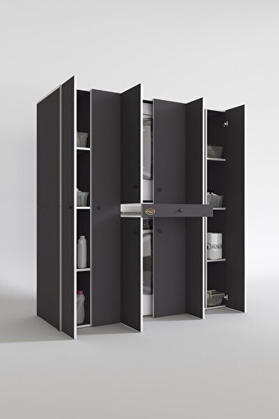 Kenzlife Çamaşır-Kurutma Makinesi Dolabı Nazzam Gri 187*170*60 Çekmeceli Raflı Banyo