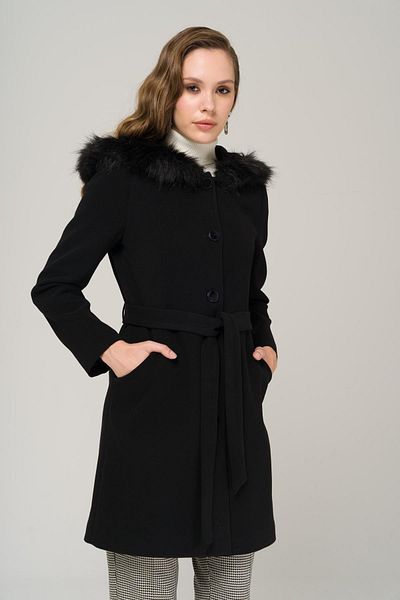 Olcay Fellmantel mit Kapuze und Gürtel SCHWARZ 3986