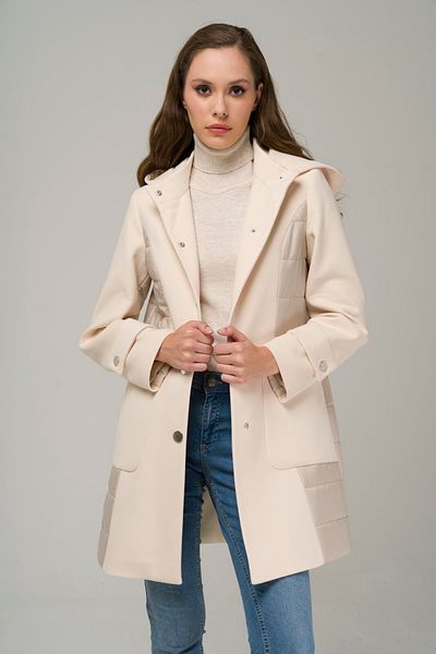 Olcay Removable Hooded Quilted Garnished Snap Closure Coat EKRU 3966