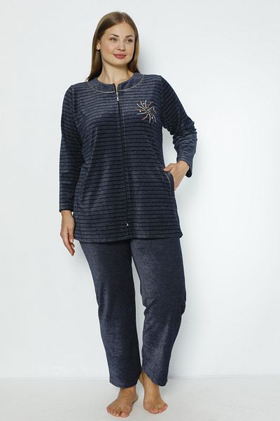 İntensive Women's Navy Blue Striped Stone and Piping Detailed Zippered Cotton Velvet Home Set
