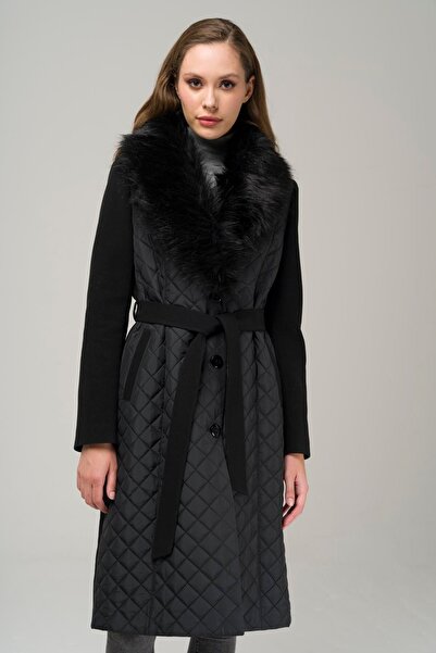 Olcay Odnímatelný kožešinový prošívaný pánský kabát s límcem ČERNÁ 3977