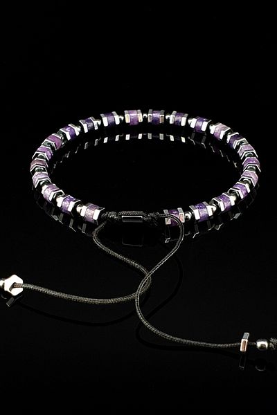 Seven Art Jewelry Amethyst, Hematite Stones Slim Natural Stone Macrame Bracelet, Adjustable