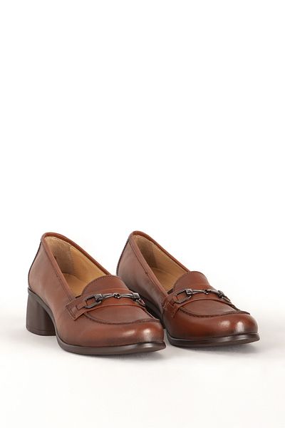 Dericlub Women's Thick Heeled Shoes with Real Leather Buckle - Br 44259 Tan