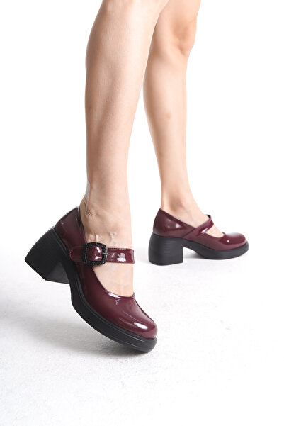 Shoesers Kadın Özel Tasarım Platform Topuklu Zarif Tokalı Bantlı Balerin Bordo Rugan Loafer Makosen Ayakkabı