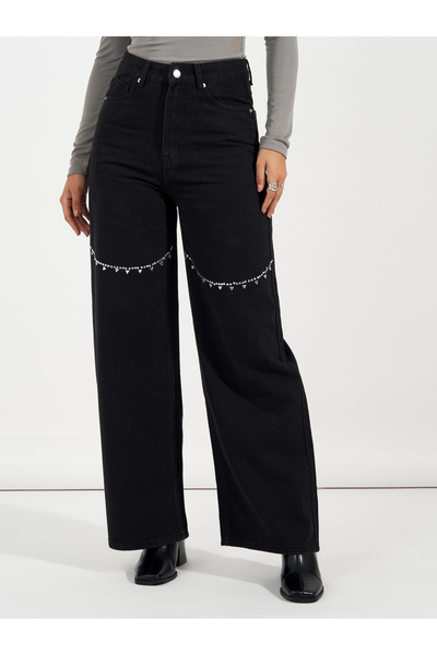 Styli High Rise Rhinestone Detail Wide Leg Jeans