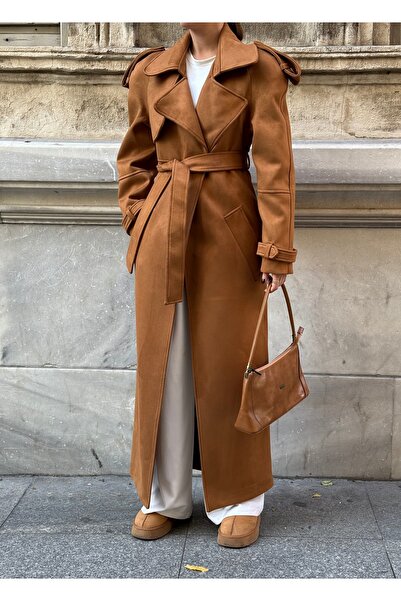 Laluvia Tan Belted Design Suede Trench Coat - 1170002