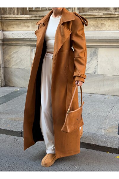 Laluvia Tan Belted Design Suede Trench Coat - 1170002