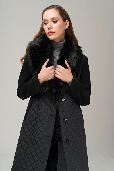 Olcay Odnímatelný kožešinový prošívaný pánský kabát s límcem ČERNÁ 3977