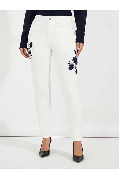 Styli High Rise Tapered Mom Fit Jeans with Embroidery Detail
