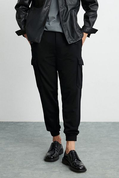 GRIMELANGE Leroy Herren-Hose aus dickem, strukturiertem Stoff, Klettverschluss, 6 Taschen, weit geschnittene schwarze Hose mit elastischem Bund