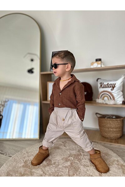 favorimkids Kahve Keten Gömlek Pamuklu Pantalon Alt Üst Takım