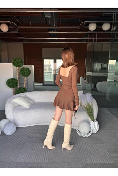 TamSeninTarzin Vivien V Yaka Simetrik Kesim Uzun Kol Elbise