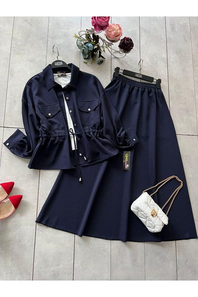 Zümrüt Copy 1659 - Shirt Collar and Double Pocket Skirt Suit