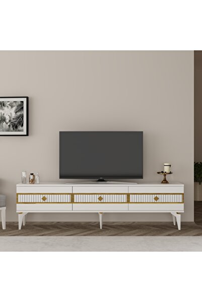 DEMONTE DECOR NORRA 180 CM TV SEHPASI (ALT MODÜL) BEYAZ-ALTIN