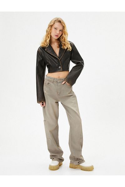 Koton Crop Faux Leather Jacket Vintage Look Reverse Double Breasted γιακάς Μακρύ μανίκι