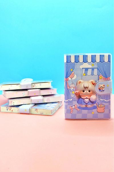Limmy Cute Teddy Bear A7 Notebook - Notebook albastru de buzunar cu închidere cu capse