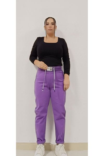 AKŞEN GİYİM Purple Color Cotton Pants with Large Size High Waist Waist Laces and Cramps Detail
