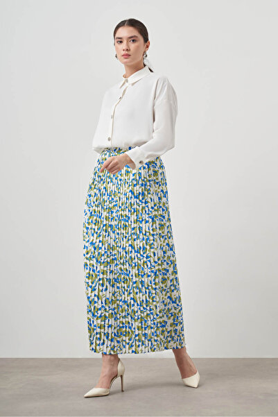 Mizalle Botanik Desenli Plise Mavi Etek