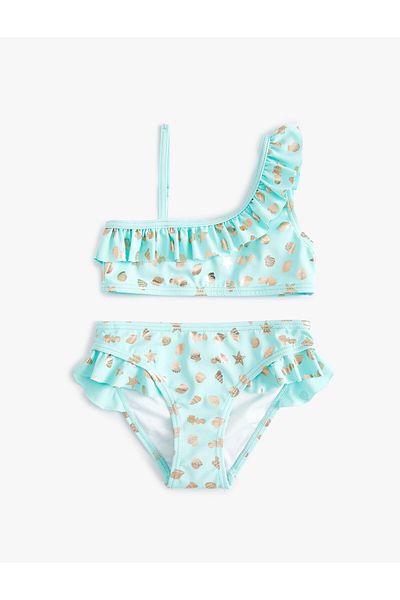 Koton Bikini Set Shiny Printed Ruffle One Shoulder Thin Strap